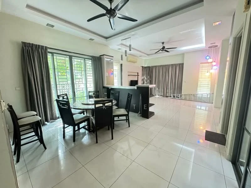 Living features: white painted walls, glossy tile flooring, tray ceiling with recessed lighting, 5-blade ceiling fan with light, large windows with sheer curtains, black dining table with four chairs, kitchen island with bar seating, curtains in grey, wall-mounted air conditioning unit, decorative pendant lights; style: modern; view: garden.