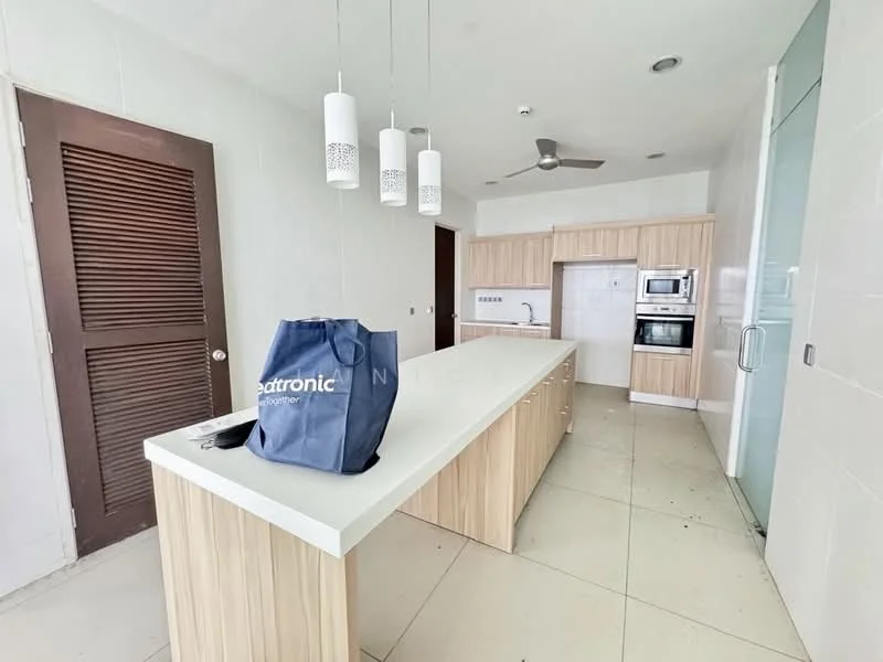 Kitchen features: white quartz countertop, wood cabinetry with light finish, built-in oven, microwave, stainless-steel fridge, 5-blade ceiling fan, pendant lighting, ceramic tile flooring, sliding glass door, kitchen island with seating, wall-mounted cabinets, double-basin sink; style: modern.