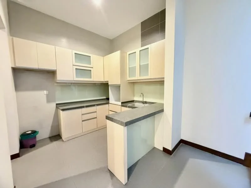 Kitchen features: light wood cabinetry, grey granite countertop, single-bowl stainless-steel sink, chrome pull-down faucet, glass-front upper cabinets, ceramic tile flooring, grey backsplash, built-in oven, recessed downlights; style: modern.