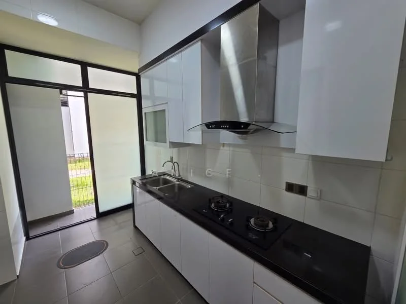 Kitchen features: white flat-panel cabinets, black granite countertop, stainless-steel range hood, 2-burner gas hob, single-bowl stainless-steel sink, built-in oven, tile backsplash, grey ceramic tile flooring, floor-to-ceiling windows, sliding glass door; style: modern; view: garden.