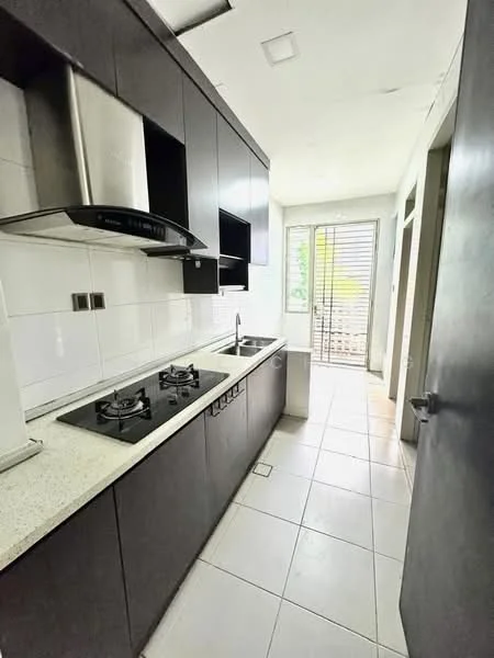 Kitchen features: black cabinetry, granite countertop, stainless-steel range hood, 4-burner gas hob, single-bowl stainless-steel sink, chrome pull-down faucet, white tiled backsplash, tile flooring, floor-to-ceiling windows, sliding glass door, natural light, open layout; style: modern; view: garden.