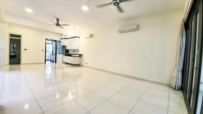 Living features: white painted walls, glossy ceramic tile flooring, 5-blade ceiling fan with light, wall-mounted split AC, floor-to-ceiling sliding glass door, sheer curtains, recessed downlights, open kitchen area with breakfast bar, kitchen cabinetry, black countertop; style: modern.