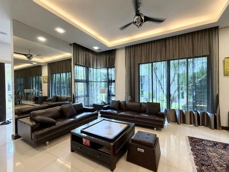 Living features: 3-seater leather sofa in dark brown, L-shape sectional sofa in dark brown, coffee table with wooden surface, ceiling fan with light, recessed downlights, floor-to-ceiling windows, sheer curtains, blackout curtains, polished tile flooring, decorative wall art, area rug with geometric pattern, potted plants, wall-mounted TV, side table with lamp; style: modern; view: garden.