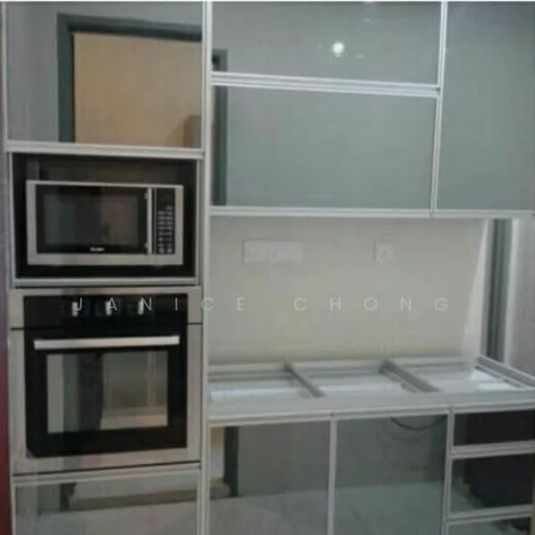 Kitchen features: built-in microwave, built-in oven, glass-front cabinetry, white cabinetry, countertop with integrated sink space, wall-mounted electrical outlets, modern minimalist design, high-gloss finish; style: modern.