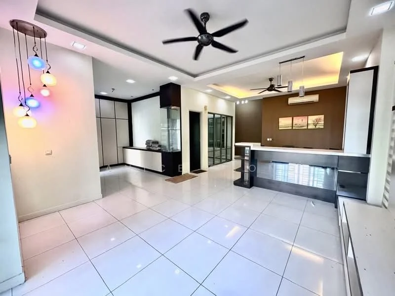 Living features: white tiled flooring, recessed ceiling with LED lighting, 5-blade ceiling fan, wall-mounted air conditioning unit, open layout, large glass sliding doors, built-in cabinetry, feature wall with brown paint, pendant lighting with multiple colored bulbs, kitchenette area with cabinetry; style: modern.