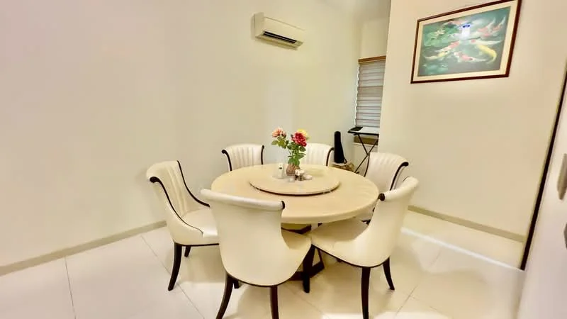 Dining features: round dining table, 6 upholstered dining chairs in cream, white walls, tile flooring, wall-mounted split AC, framed artwork on wall, window with blinds; style: modern.