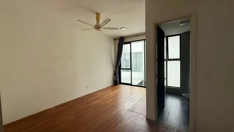 Room features: wooden flooring, white painted walls, ceiling fan, floor-to-ceiling windows, blackout curtains, door leading to another room, natural light from windows, minimalist decor; style: minimalist.