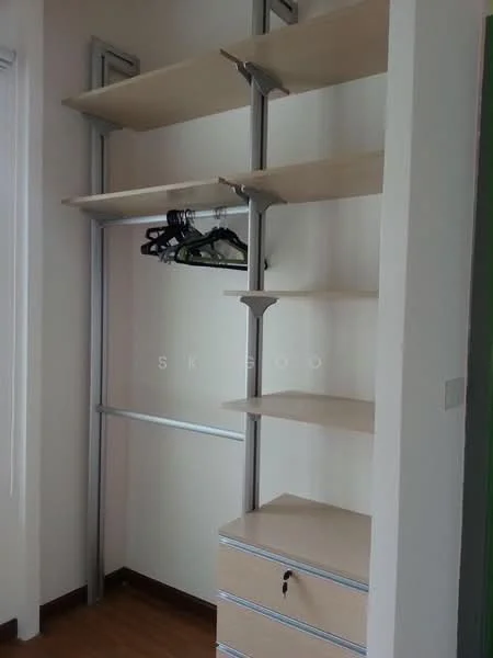 Room features: open shelving, metal frame, light wood shelves, hanging space for clothes, drawer unit, wooden flooring, neutral wall colour; style: modern.