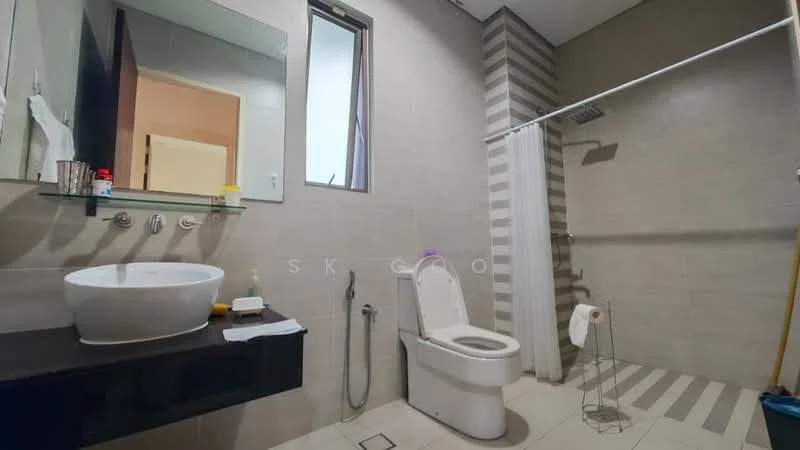 Bathroom features: white ceramic toilet, single-sink vanity with round basin, black countertop, mirror above sink, shower with glass partition, chrome shower head, white shower curtain, striped wall tiles, grey floor tiles, towel rack, handheld bidet spray; style: modern.