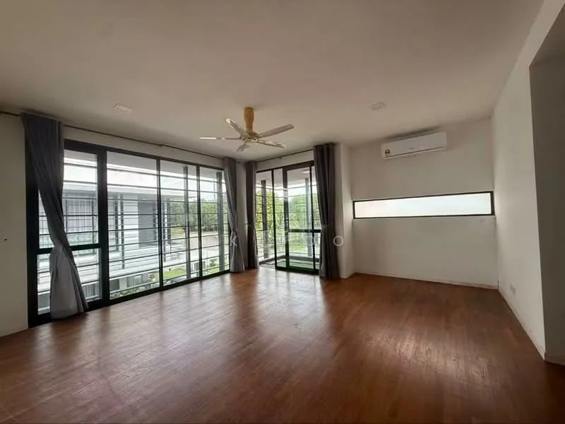 Living features: wooden flooring, 5-blade ceiling fan, floor-to-ceiling windows, sliding glass door, grey curtains, wall-mounted split AC, white painted walls, natural light from windows; style: modern; view: garden.