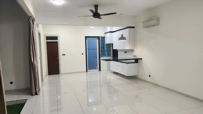 Living features: white painted walls, glossy tile flooring, 5-blade ceiling fan with light, recessed downlights, kitchenette with black countertop, white upper cabinets, pendant lamp over countertop, air conditioning unit, sliding glass door, curtains, door leading to another room; style: modern.