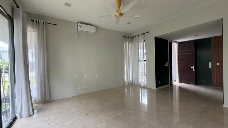 Living features: marble tile flooring, white painted walls, 5-blade ceiling fan with light, floor-to-ceiling windows, sheer curtains, wall-mounted split AC, recessed downlights, open layout, access to hallway, natural light; style: modern.