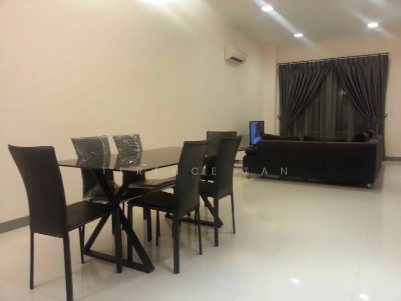 Dining features: glass dining table, 6 black dining chairs, white walls, recessed downlights, polished tile flooring, air conditioning unit, curtains, TV console, sofa in living area; style: modern. Living features: sofa, TV, curtains, white walls, recessed downlights, polished tile flooring; style: modern.