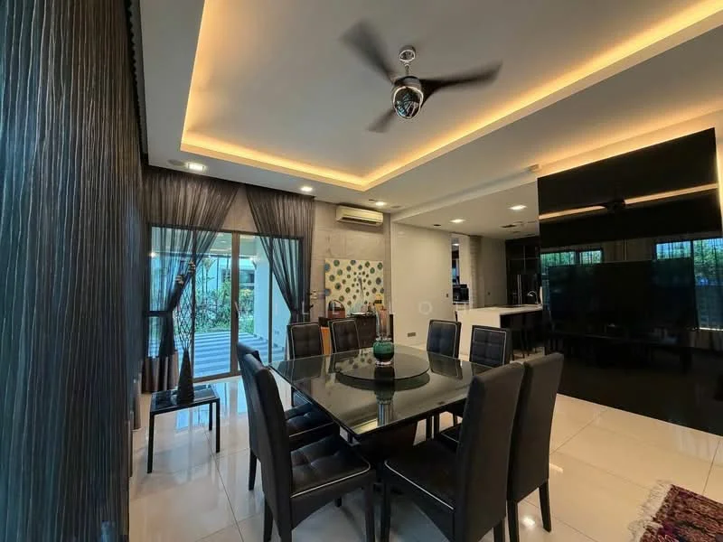 Dining features: 6-seater dining table, black dining chairs, ceiling fan with light, recessed downlights, black accent wall, white tiled flooring, floor-to-ceiling windows, sheer curtains, decorative wall art, air conditioning unit; style: modern; view: garden.