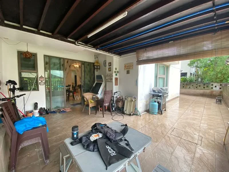 Room features: sliding glass door, tile flooring, exposed wooden beams on ceiling, outdoor dining table, plastic chairs, bicycle, barbecue grill, decorative wall sign, window with curtains, outdoor storage, potted plants, outdoor rug; style: modern; view: garden.