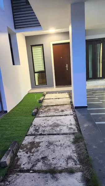 Exterior features: pathway with concrete slabs, artificial grass, white painted walls, dark grey accent wall, double-door main entrance, large windows with black frames, outdoor lighting, stone border along pathway; style: modern.