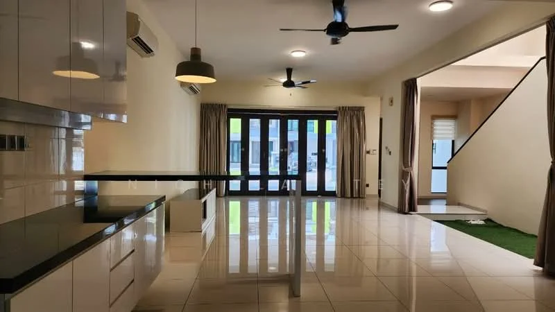 Kitchen features: white cabinetry, black countertop, stainless-steel sink, built-in oven, 4-burner gas hob, recessed downlights; style: modern. Living features: floor-to-ceiling windows, sliding glass door, cream painted walls, glossy tile flooring, ceiling fan, air conditioning unit, curtains, open layout; style: modern.
