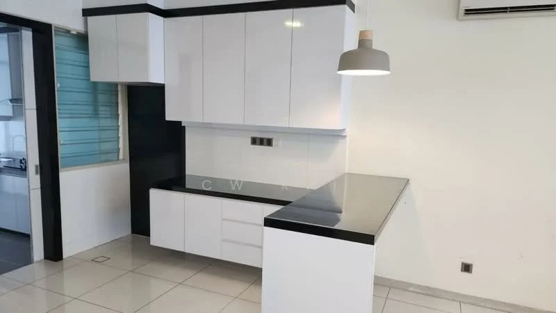 Kitchen features: white high-gloss cabinetry, black countertop, stainless-steel sink, chrome faucet, built-in appliances, tile flooring, recessed downlights, open layout, wall-mounted air conditioning unit; style: modern.