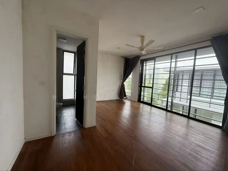 Living features: wooden flooring, white painted walls, 5-blade ceiling fan, floor-to-ceiling windows, sliding glass door, curtains, natural light, open layout; style: modern; view: garden. Room features: white painted walls, black tiled flooring, doorway, natural light.