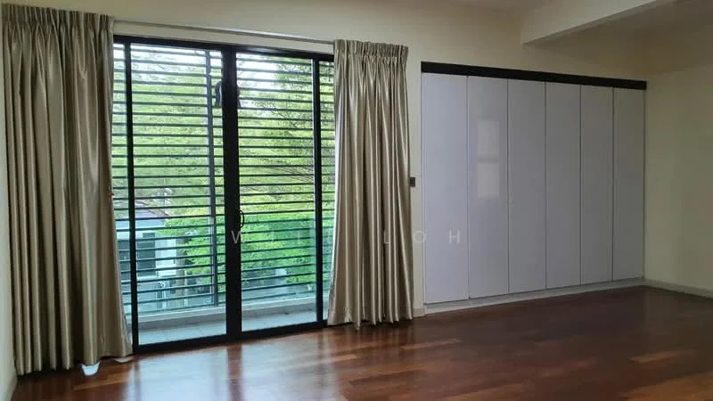 Room features: wooden flooring, light-colored painted walls, floor-to-ceiling sliding glass door, black metal window grills, curtains in beige, built-in wardrobe with sliding doors, view of greenery outside; style: modern; view: garden.