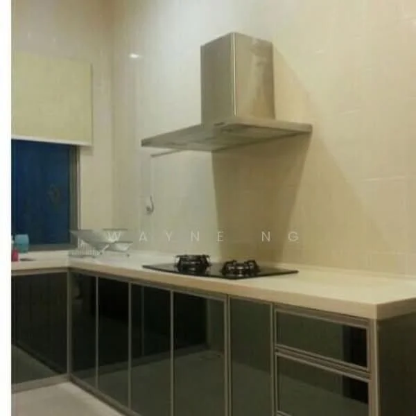 Kitchen features: stainless-steel range hood, 2-burner gas hob, white countertop, black cabinetry, glossy cabinet doors, tile backsplash, window with sheer curtains, light-colored walls, recessed lighting; style: modern.