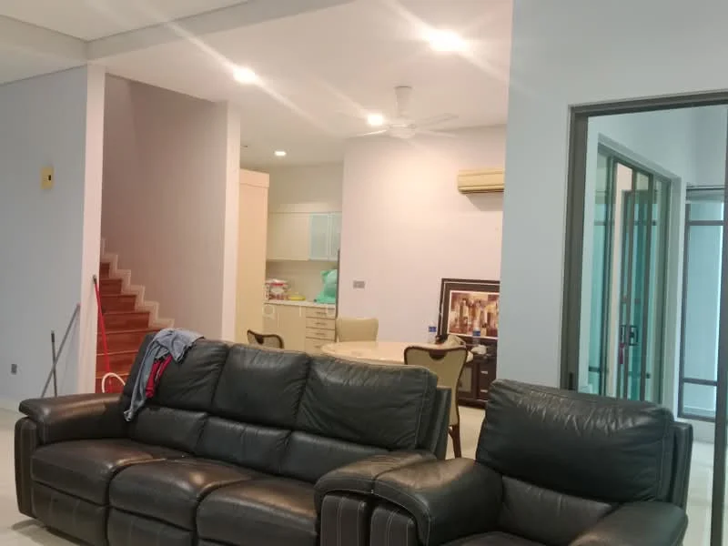 Living features: 3-seater leather sofa in black, ceiling fan, recessed downlights, cream painted walls, tile flooring, open layout to dining area, wall-mounted air conditioning unit, decorative artwork on wall; style: modern. Dining features: round dining table, upholstered dining chairs, kitchen cabinetry visible in background.