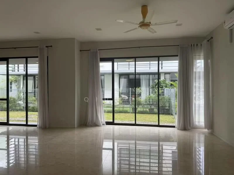 Living features: marble tile flooring, white painted walls, tray ceiling, 5-blade ceiling fan, floor-to-ceiling windows, sliding glass door, sheer curtains, view of garden; style: modern; view: garden.