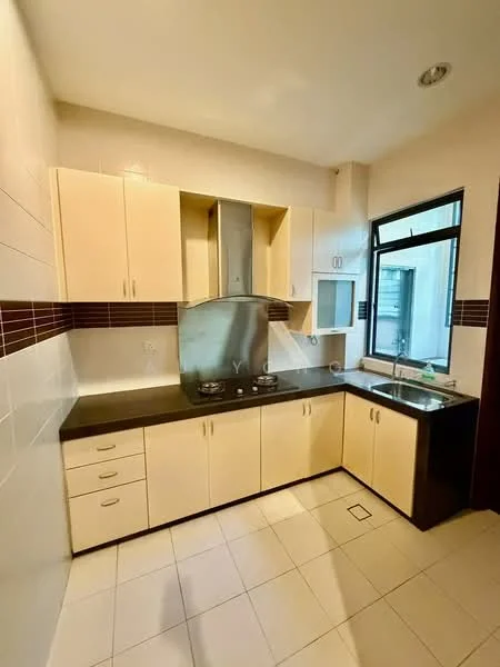 Kitchen features: cream cabinetry, black countertop, stainless-steel sink, chrome pull-down faucet, built-in gas stove with two burners, exhaust hood, tile backsplash, white tiled walls, white tile flooring, window with view to outside; style: modern.