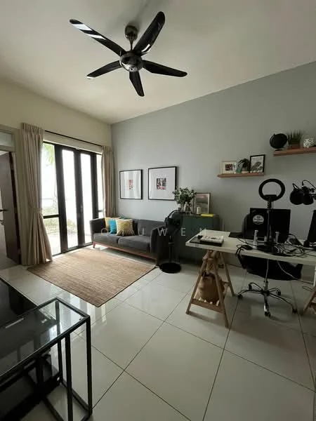 Living features: 5-blade ceiling fan with light, grey painted walls, floor-to-ceiling windows, sliding glass door, sheer curtains, 3-seater fabric sofa in grey, area rug with natural fibers, wooden coffee table, desk with computer setup, decorative wall shelves, framed artwork, houseplants in ceramic pots, light-colored flooring tiles; style: modern; view: garden.