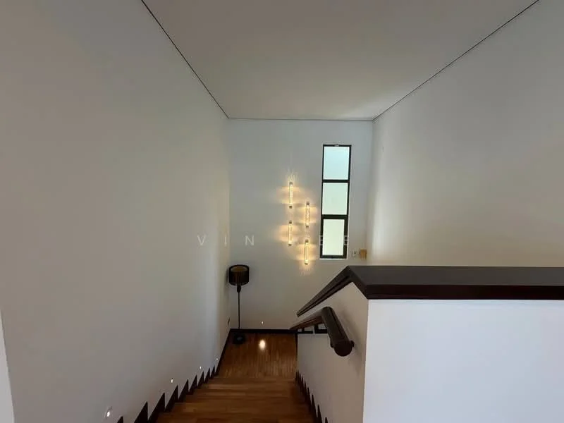 Room features: white painted walls, wooden staircase, wood flooring, modern pendant lighting, window with multiple panes, handrail, wall-mounted light fixtures; style: modern.