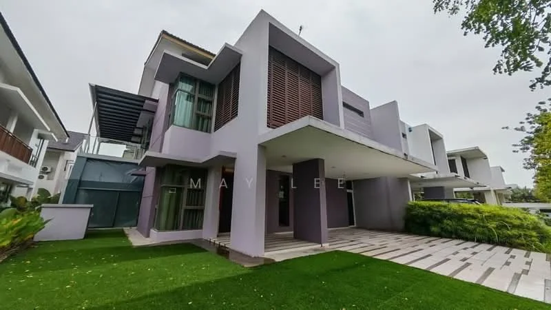 Exterior type: detached bungalow; features: purple painted facade, flat roof, two-storey structure, large windows, covered porch, manicured lawn, stone-paved walkway, surrounded by greenery; style: modern.