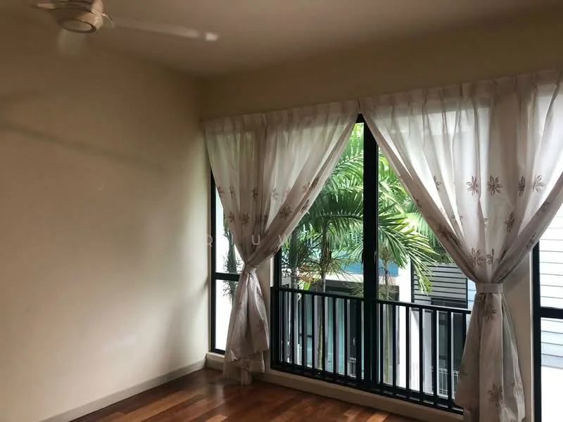 Room features: wooden flooring, floor-to-ceiling windows, sheer curtains, black railing, ceiling fan, palm tree view, light beige painted walls; view: garden.