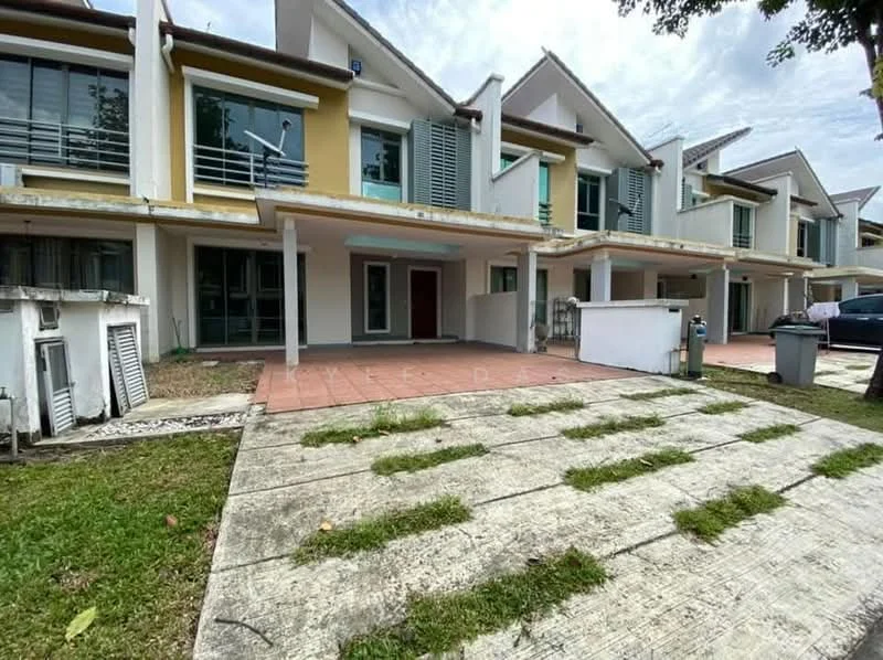 Exterior type: linked terrace house; features: white painted facade, sliding glass doors, recessed balconies, manicured lawn, paved walkway, driveway with interlocking pavers, two-storey structure, front porch area, visible parking spaces; style: modern.