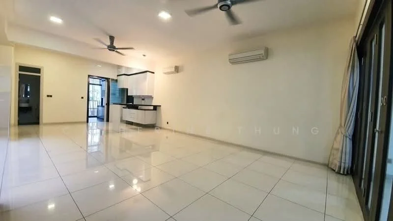 Living features: white painted walls, glossy ceramic tile flooring, 5-blade ceiling fan, 2 wall-mounted split AC units, floor-to-ceiling windows, sliding glass door, sheer curtains, neutral color scheme, open layout, recessed lighting; style: modern.