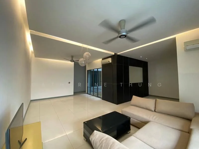 Living features: 3-seater fabric sofa in beige, black coffee table, wall-mounted TV, 5-blade ceiling fan with light, recessed LED downlights, sliding glass door, floor-to-ceiling windows, cream painted walls, glossy tile flooring, air conditioning unit; style: modern.