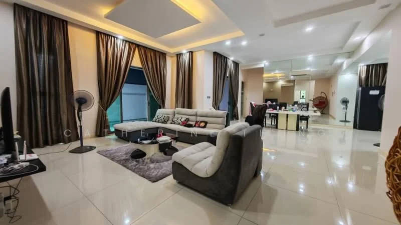 Living features: large sectional sofa in grey, 3-seater fabric sofa in beige, coffee table, area rug with geometric pattern, floor-to-ceiling windows, sheer curtains, 5-blade ceiling fan with light, recessed downlights, wall-mounted TV, decorative mirror, TV console, decorative plants in pots, marble tile flooring, cream painted walls, crown moulding; style: modern.