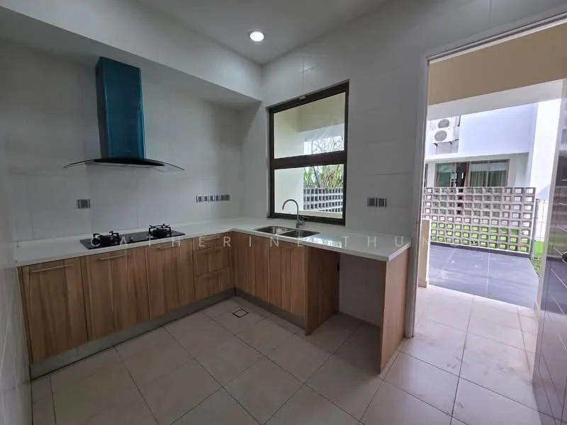 Kitchen features: L-shaped kitchen layout, wood cabinetry, white countertop, stainless-steel sink, chrome pull-down faucet, built-in gas hob, exhaust hood, tile flooring, white tiled backsplash, window with view to outdoor space, recessed lighting; style: modern; view: garden.