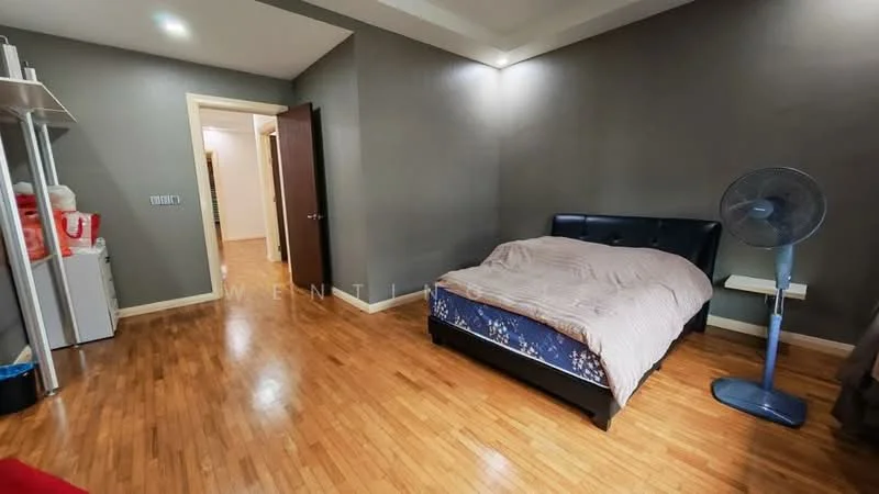 Bedroom features: wooden flooring, grey painted walls, queen-size bed with upholstered headboard, bedside table, floor fan, wardrobe, refrigerator, light fixture on ceiling; style: modern.