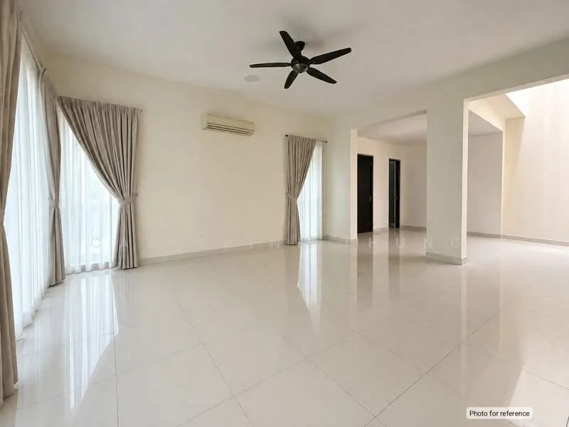 Living features: white painted walls, glossy ceramic tile flooring, 5-blade ceiling fan, floor-to-ceiling windows, sheer curtains, wall-mounted split AC, recessed downlights, neutral color scheme; style: modern.