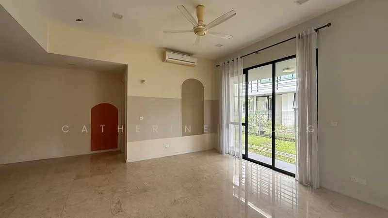 Living features: marble tile flooring, white painted walls, cream accent wall, 5-blade ceiling fan, floor-to-ceiling sliding glass door, sheer curtains, air conditioning unit, recessed downlights; style: modern; view: garden. Room features: white painted walls, arched doorway.