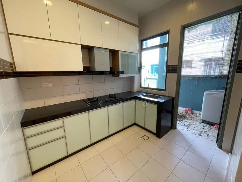 Kitchen features: black granite countertop, white and glass cabinetry, built-in sink, single-bowl stainless-steel sink, chrome pull-down faucet, ceramic tile flooring, white tiled walls, window with view to exterior, space for refrigerator, open layout, under-cabinet lighting; style: modern.