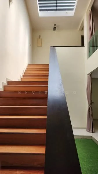 Room features: wooden staircase, white painted walls, skylight, glass railing, laminate flooring, green grass patch, hanging light fixture, curtains; style: modern.