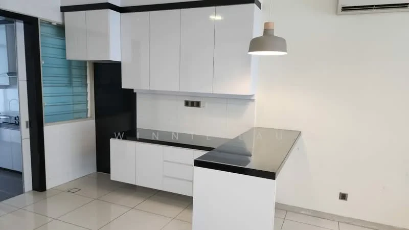 Kitchen features: white high-gloss cabinetry, black granite countertop, built-in kitchen cabinets, stainless-steel sink, chrome faucet, wall-mounted air conditioning unit, ceramic tile flooring, recessed downlights, pendant light fixture; style: modern.