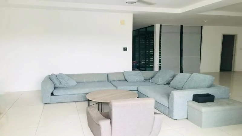 Living features: L-shape sectional sofa in light grey, round coffee table with wooden top, wall-mounted smart control panel, white painted walls, large floor tiles in cream, ceiling fan, recessed downlights, open layout, large windows with sheer curtains; style: modern.