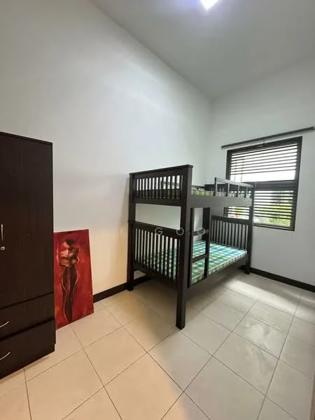 Bedroom features: bunk bed with green and blue bedding, dark wood wardrobe, white painted walls, tile flooring, window with horizontal blinds, decorative painting on wall, ceiling light fixture; style: modern; view: garden.
