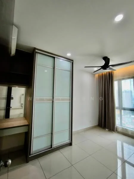 Bedroom features: white painted walls, glossy tile flooring, 5-blade ceiling fan, floor-to-ceiling windows, sheer curtains, built-in wardrobe with sliding doors, desk area, natural light from window; style: modern; view: city.