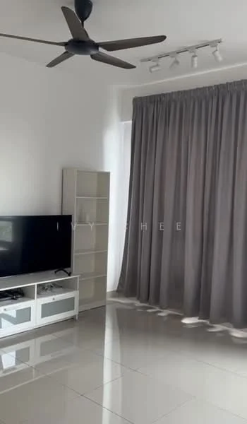 Living features: 5-blade ceiling fan with light, wall-mounted TV, white TV console, open shelving unit, grey curtains, large window with natural light, glossy tile flooring, track lighting; style: modern.