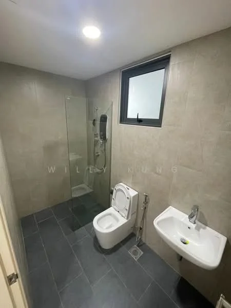 Bathroom features: glass shower enclosure, rain shower head, handheld shower, one-piece toilet, wall-mounted basin, chrome basin mixer, grey tile flooring, light grey tile walls, window for natural light, recessed ceiling lights; style: modern.