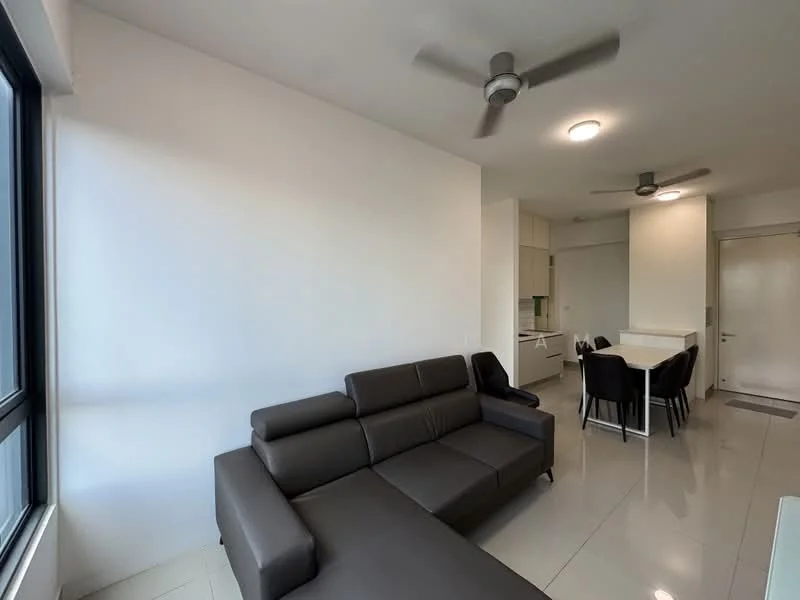Living features: 3-seater leather sofa in dark brown, floor-to-ceiling windows, white painted walls, polished ceramic tile flooring, 5-blade ceiling fan, recessed downlights, open layout to dining area; style: modern. Dining features: 6-seater dining table, black dining chairs, white cabinetry in background, open layout to living area; style: modern.