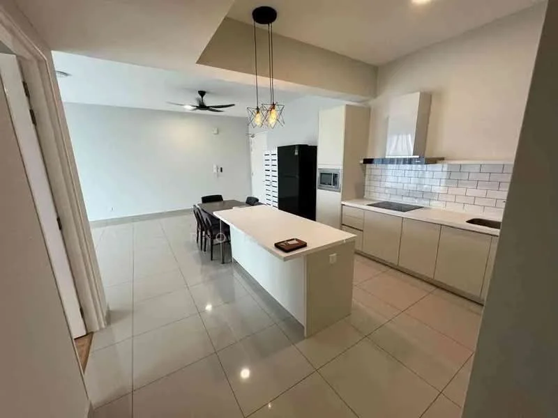Kitchen features: white cabinetry, island with seating, black refrigerator, built-in oven, microwave, white subway tile backsplash, stainless-steel sink, chrome pull-down faucet, pendant lighting, 5-blade ceiling fan, ceramic tile flooring, open layout, dining table with chairs; style: modern.